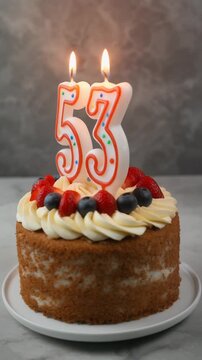 Decorated cake with candle in number 53. Video for birthday or anniversary party and celebration