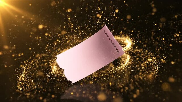 Elegant promotional voucher template with glowing golden particles on dark background luxury event ticket design