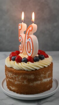 Decorated cake with candle in number 56. Video for birthday or anniversary party and celebration