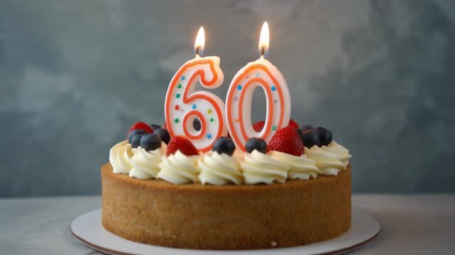 Decorated cake with candle in number 60. Video for birthday or anniversary party and celebration
