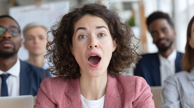 Bored young caucasian female yawning in business meeting with diverse audience