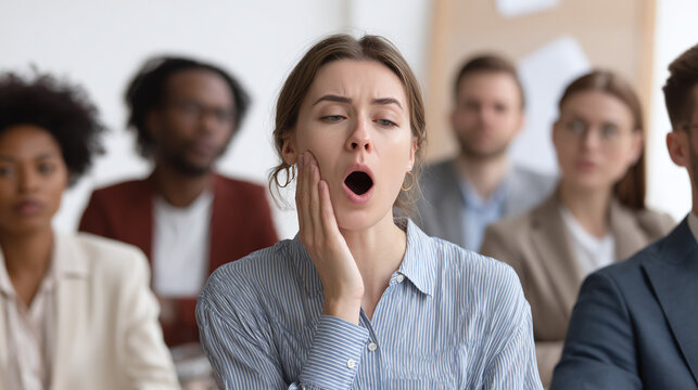 Bored young caucasian female yawning in business meeting with diverse audience