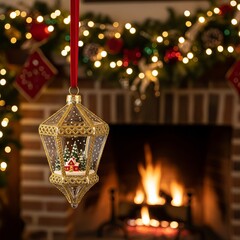 Festive Christmas decoration with golden candles, glass lantern, and tree ornaments celebrating the winter holiday and New Year