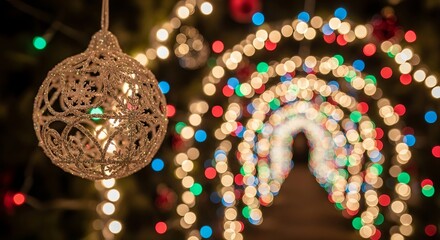 Shiny golden Christmas tree decorations and lights for a festive winter holiday celebration