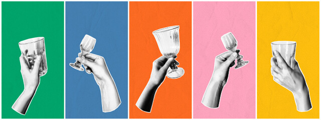 Social media template with hands holding champagne glasses and drinks. Modern halftone collage in retro newspaper texture. Celebration poster design for party and event promotion.