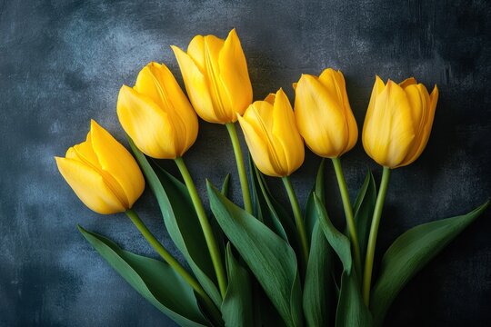 A vibrant bouquet of yellow tulips, their petals unfurling in a cascade of color against a dark, textured background.