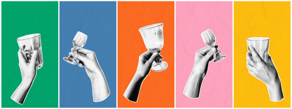 Social media template with hands holding champagne glasses and drinks. Modern halftone collage in retro newspaper texture. Celebration poster design for party and event promotion.
