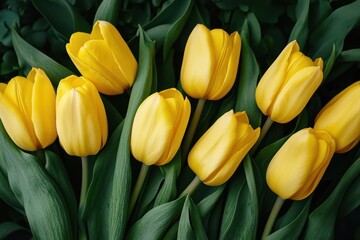 A vibrant display of yellow tulips, their petals unfurling in a cascade of color against the lush green backdrop of their stems.