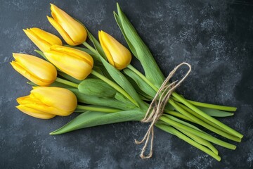 A vibrant bouquet of yellow tulips, their petals fully unfurled and their stems tied together with a piece of twine.