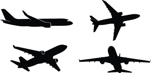 Aviation silhouette collection four airplane views in black and white