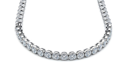 Obraz premium Luxurious diamond tennis necklace featuring a continuous row of round brilliant-cut gemstones set in polished white gold or platinum isolated on a clean white background.