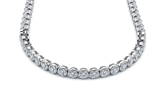 Luxurious diamond tennis necklace featuring a continuous row of round brilliant-cut gemstones set in polished white gold or platinum isolated on a clean white background.