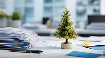 Mini decorated Christmas tree on empty office desk amid papers pens. Lonely corporate holiday symbol, abandoned festive workspace vibe.