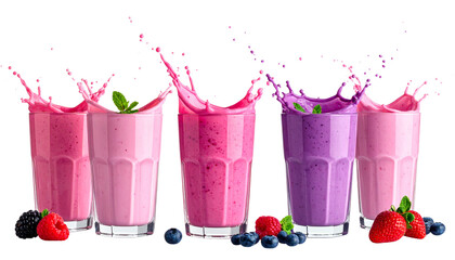 Refreshing berry smoothies splashing in glasses home kitchen food bright healthy lifestyle. Cut out PNG set
