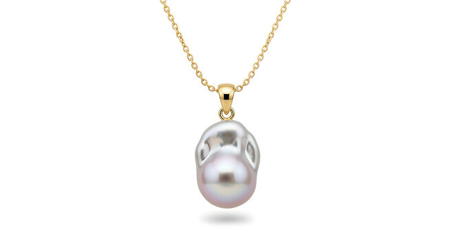 Elegant baroque pearl pendant necklace featuring a lustrous, organic-shaped gemstone suspended from a delicate yellow gold chain isolated on a clean white background. 