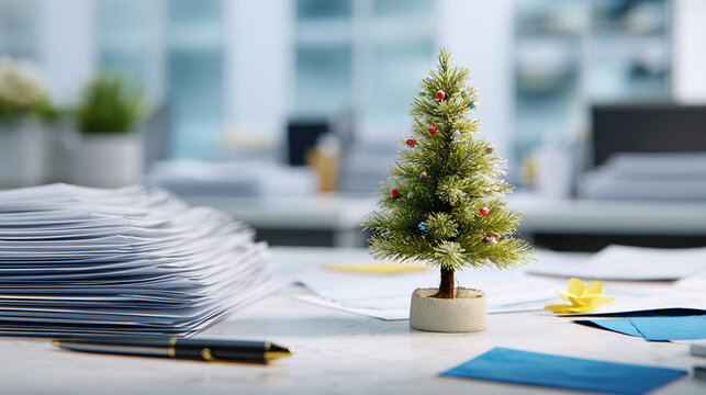 Mini decorated Christmas tree on empty office desk amid papers pens. Lonely corporate holiday symbol, abandoned festive workspace vibe.