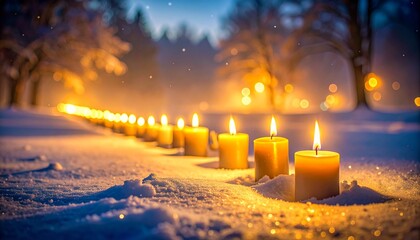 Beautiful winter evening scene with a line of glowing candles in the snow, evoking the peaceful and bright tradition of St. Lucia Day.