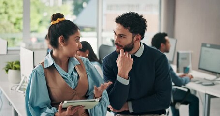 Business, people and talk with tablet in office for training, copywriting advice and story submission. Staff, team and mentorship with digital for proofreading, review newsletter and publication tips