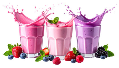 Refreshing berry smoothies splashing in glasses home kitchen food bright healthy lifestyle. Cut out PNG set