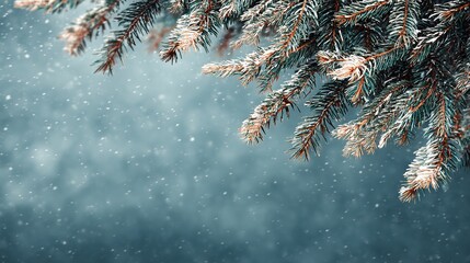 Christmas theme background with falling snow on snowy pine tree branches and glowing bokeh lights, creating a warm, magical and festive holiday atmosphere.