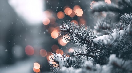 Christmas theme background with falling snow on snowy pine tree branches and glowing bokeh lights, creating a warm, magical and festive holiday atmosphere.