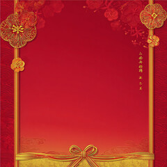 Elegant Red and Gold Asian Floral Frame with Festive Bow Inspired by Traditional Chinese Culture made with generative AI