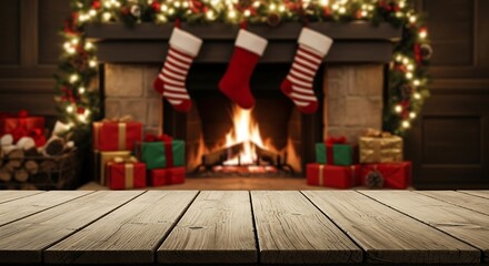 Cozy christmas fireplace scene with wooden table and festive decorations