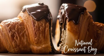 Delicious chocolate croissants with glaze, celebrating national croissant day with a festive and tempting pastry treat