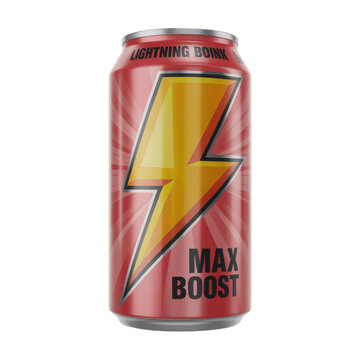 A red energy drink can featuring a yellow lightning bolt, branded 'Lightning Boink Max Boost', offering a potent energy surge. background removed