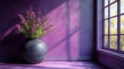 Fototapeta premium A beautiful vase filled with vibrant purple flowers is displayed on a windowsill within a room featuring a purple wall and warm wooden flooring. Creates a calming and elegant atmosphere.