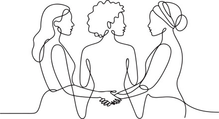 Multicultural Sisterhood: A Celebration of International Women's Day through Equality, Solidarity, and Cooperation. one line Icon drawing with white background