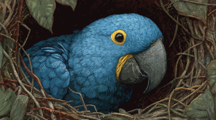 Blue parrot on the nest illustration