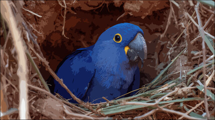 Blue parrot on the nest