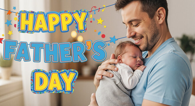 Happy father holding newborn baby in cozy home with festive decorations for Father's Day