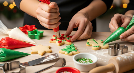 A detailed holiday baking close-up, with hands decorating cookies.