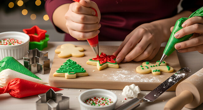 A detailed holiday baking close-up, with hands decorating cookies.