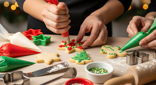 A detailed holiday baking close-up, with hands decorating cookies. - Powered by Adobe