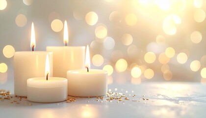 Close-up of two white candles on flowing satin with soft folds, beautifully illuminated by a golden glow, ideal for St. Lucia Day headers.