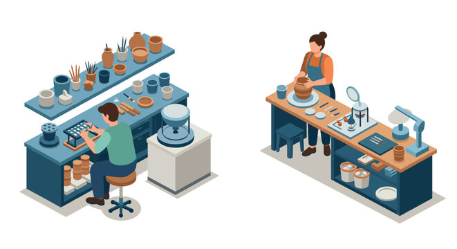 Isometric workshop scene with artists crafting pottery in modern studio setting