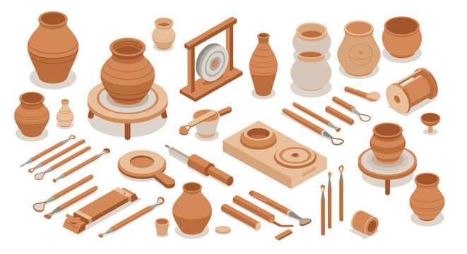 Pottery craft collection tools, clay pots, and ceramics in isometric design
