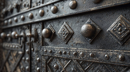 A close-up shot of a heavily studded, vintage iron gate, with a detailed design of decorative elements and rivets