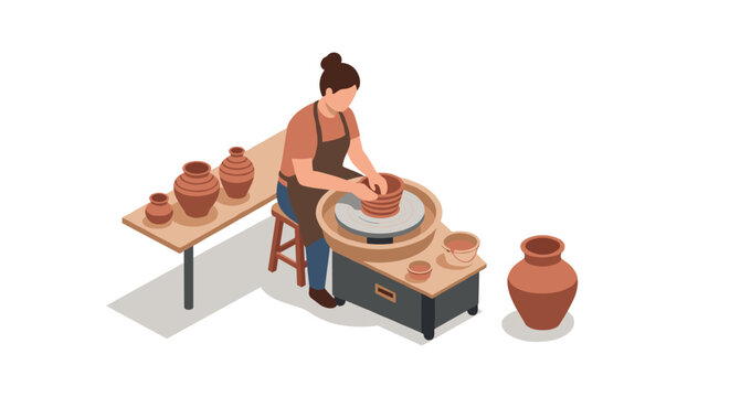 Potter at wheel creating clay vessels in isometric art design