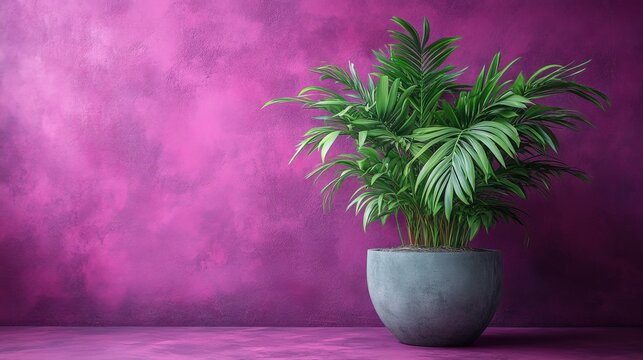 A healthy potted palm plant displays lush, vibrant green leaves, contrasted beautifully against a textured purple wall.  Creates a modern and stylish aesthetic.