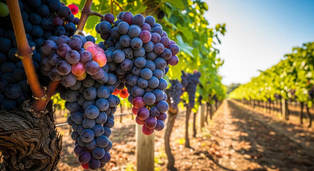 Close-up of ripe grapes on a vine in a vineyard showcasing the fruit and agriculture perfect for wine-related content
