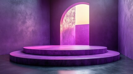 A vibrant purple circular platform features an arched doorway that opens into a luminous, brighter space. Ideal for concepts of transition, hope, and innovation.