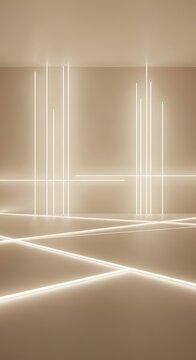 Futuristic Neon Light Installation on Beige Background with Podium Stage for Product Display Minimalist Design with Geometric Lines and Empty Space Exactly 200 Characters