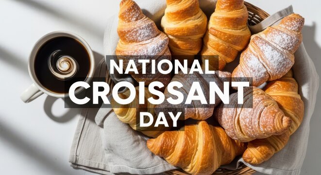 National croissant day text over a basket filled with freshly baked croissants dusted with powdered sugar, next to a cup of coffee