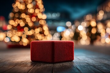 Red velvet podium with festive bokeh lights for premium Christmas holiday product showcasing