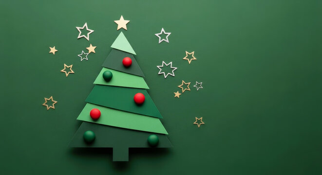Paper christmas tree with red and green ornaments and gold stars on a green background. Minimalistic holiday design for greeting card.