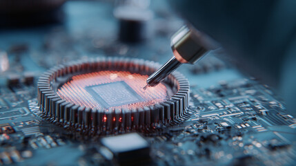 An individual is carefully working on a detailed microchip, showcasing technological precision and intricate design. This scene embodies the complexity of modern technology. 